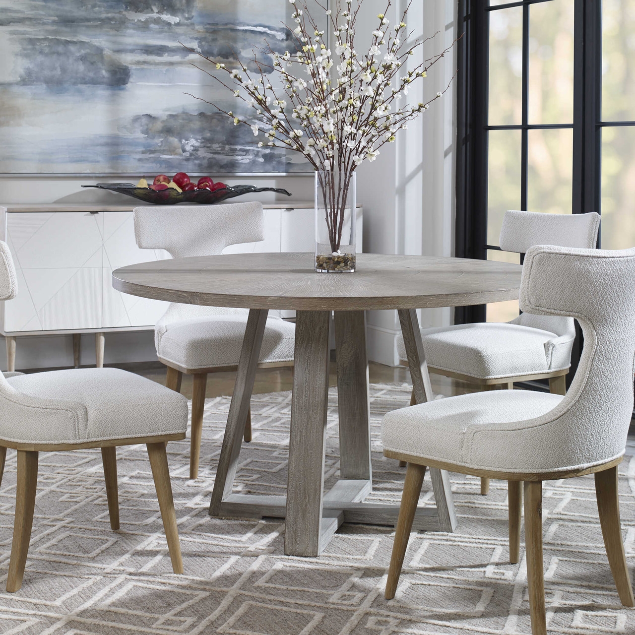 Round Dining Table: Architectural base with T back chairs