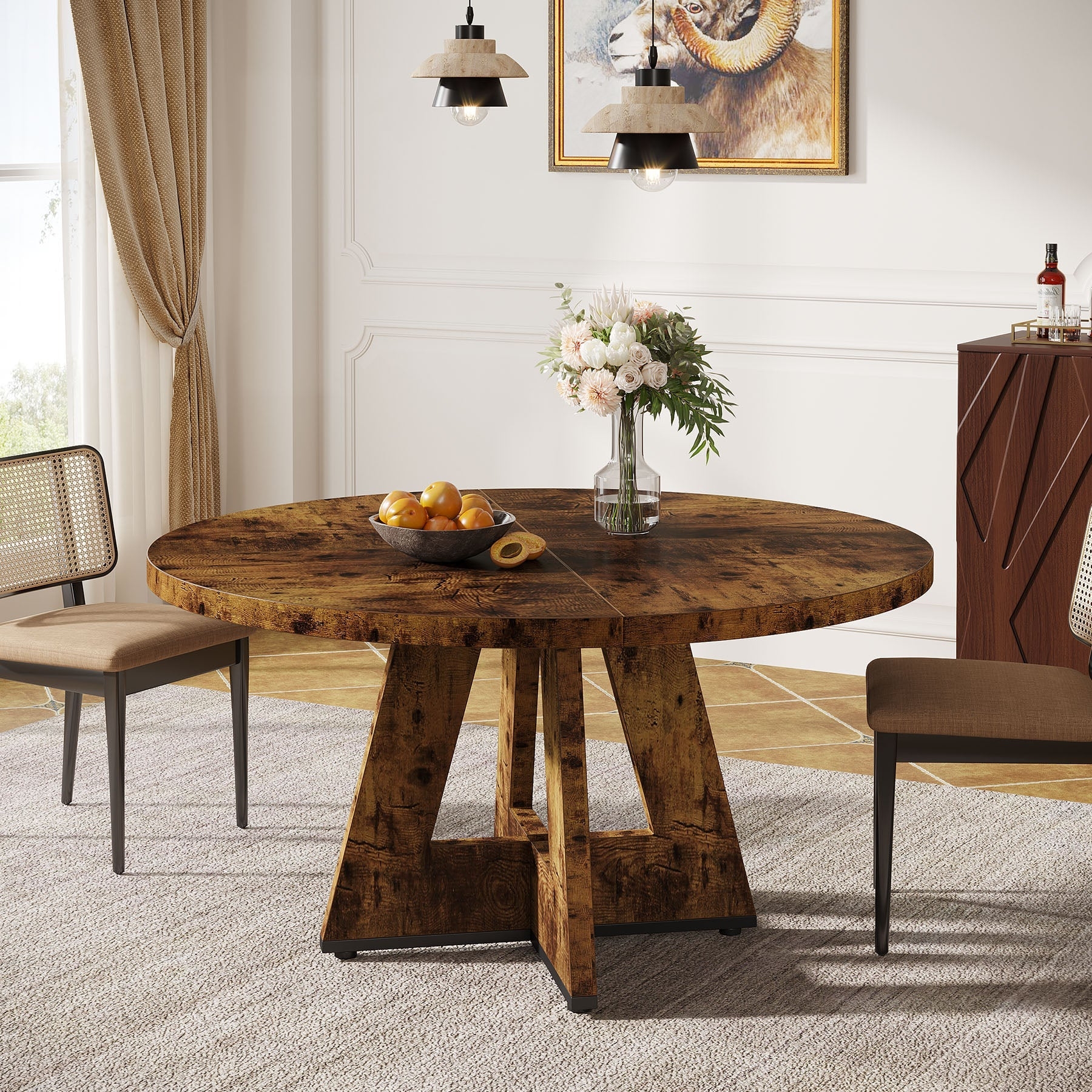 Round Dining Table built with Cross Pedestal and Mottled Top
