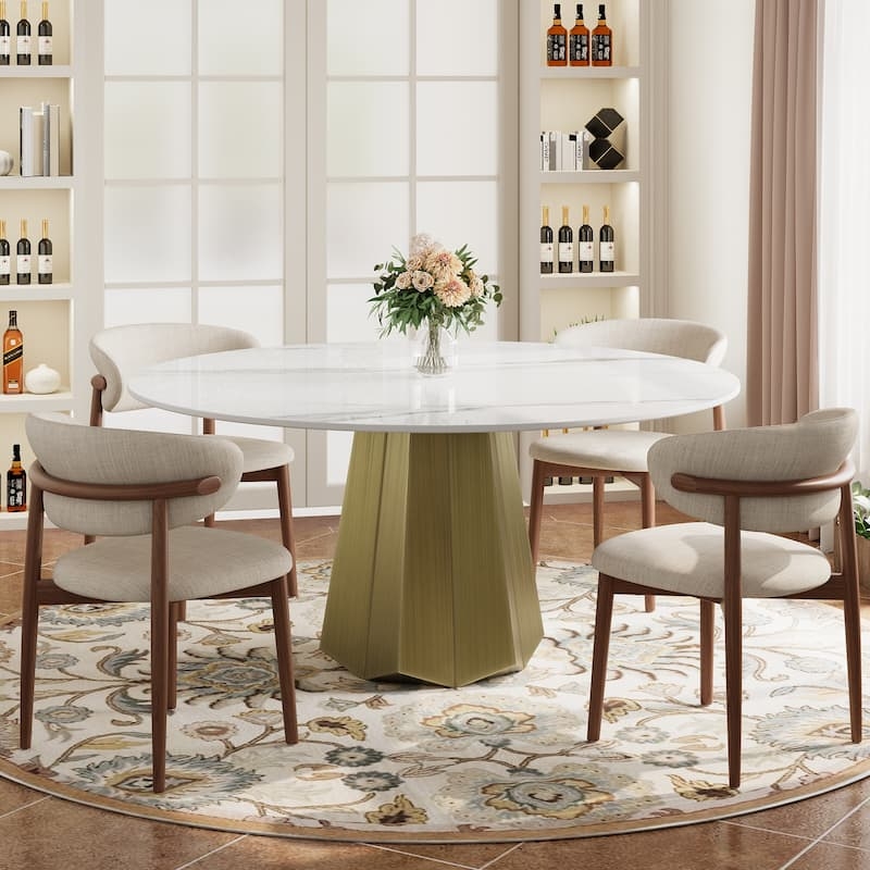 Round Dining Table: Faceted Gold Base and White Stone