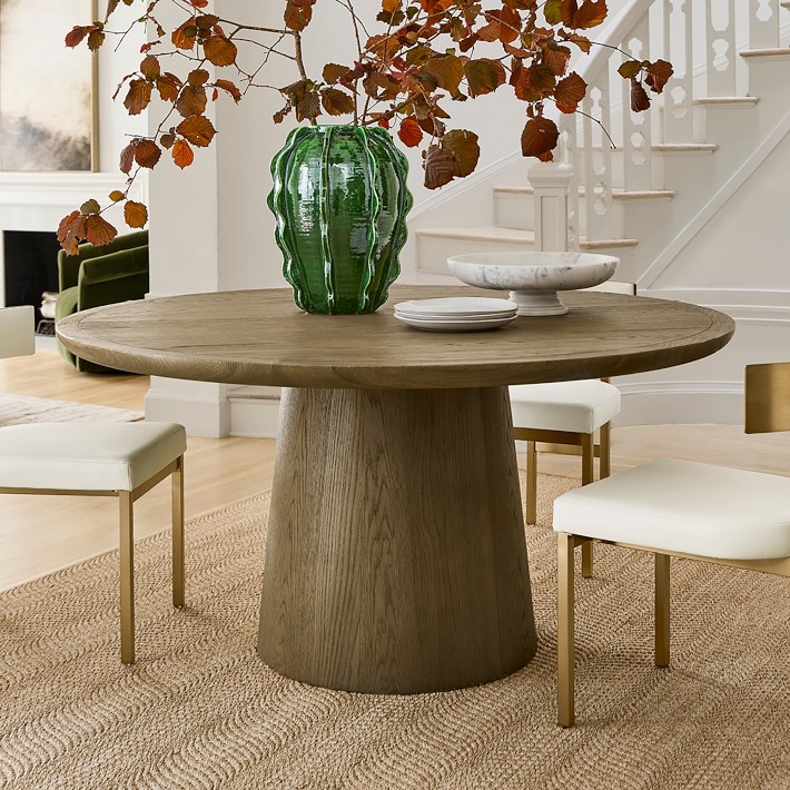 Round Dining Table: Heritage grey wood with conical base