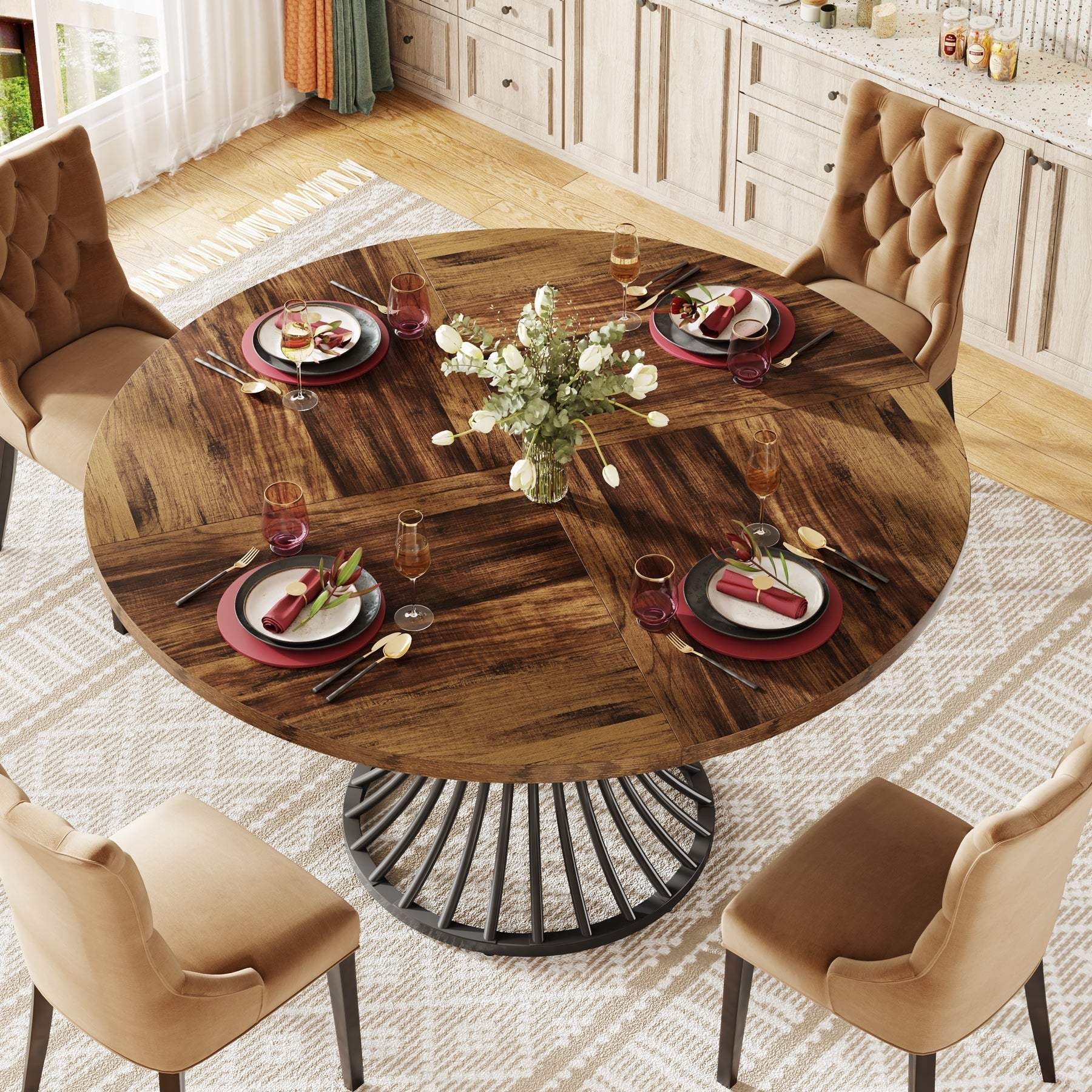 Round Dining Table in Starburst Wood Grain with Metal Base
