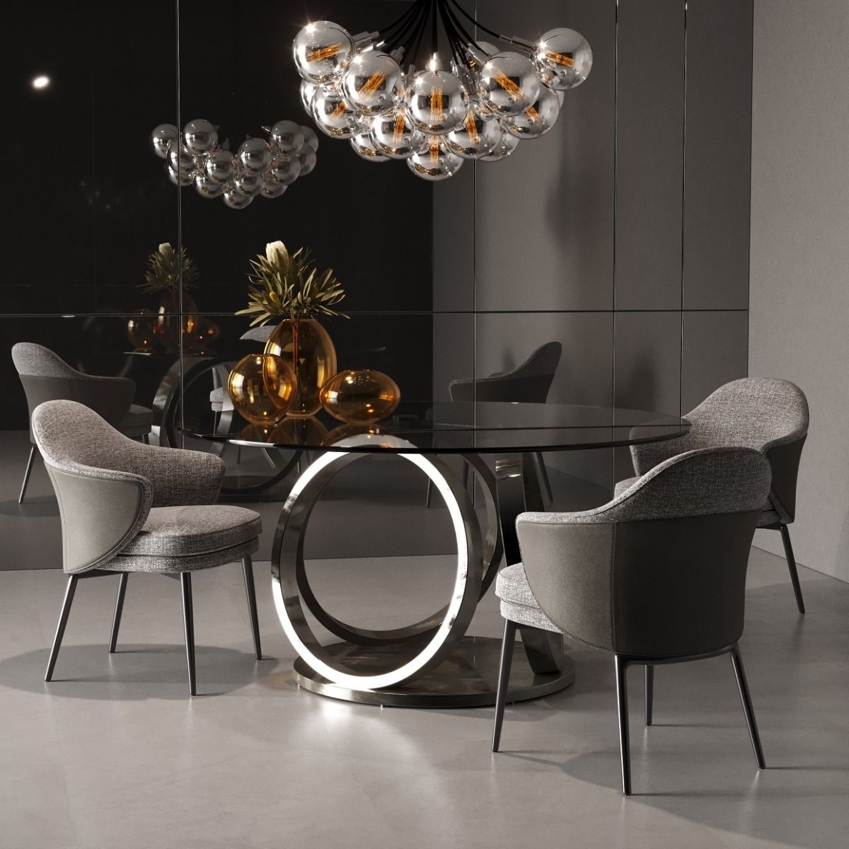 Round Dining Table LED Ring Luxury Smoked Glass Furniture