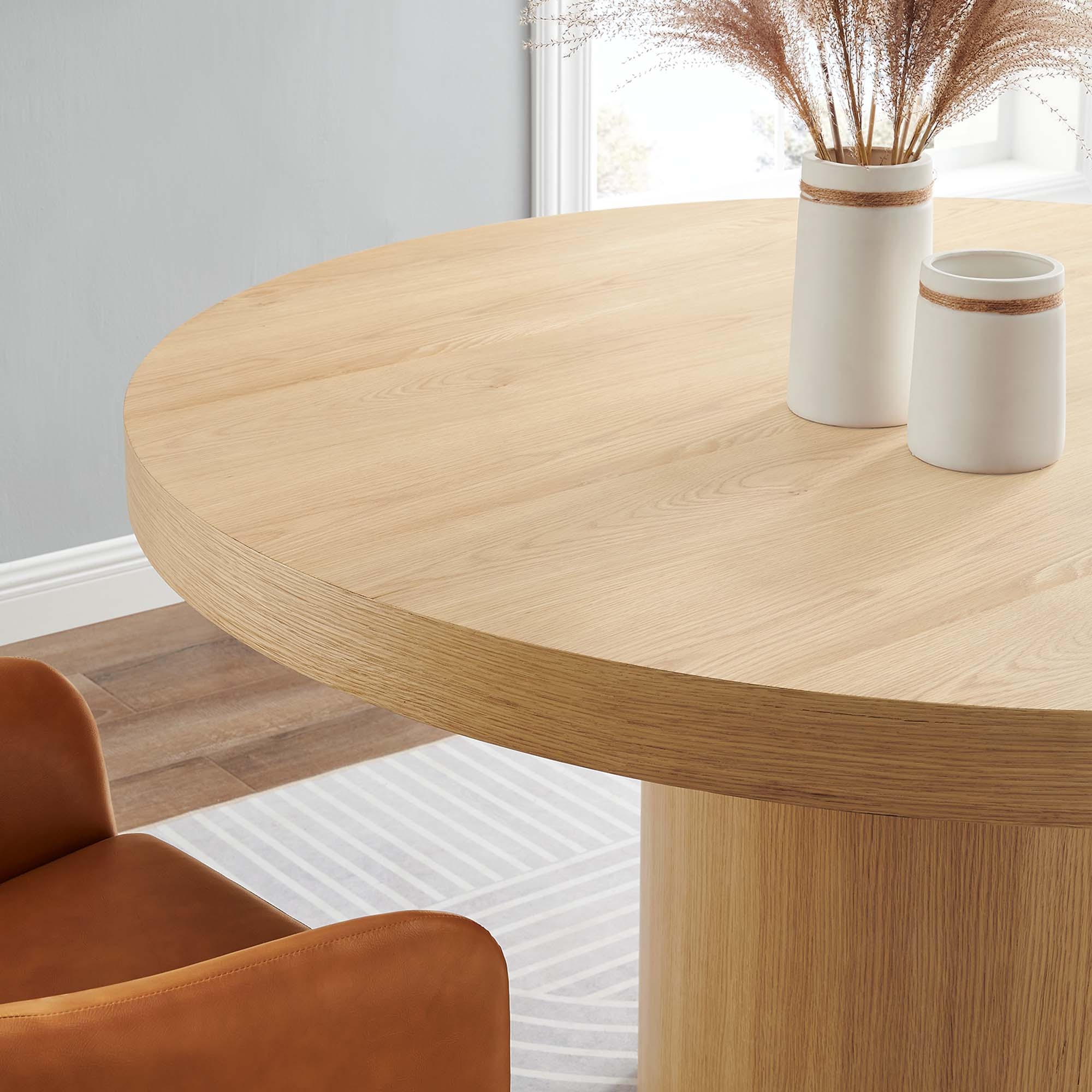 Round Dining Table: Light oak thick edge pedestal base