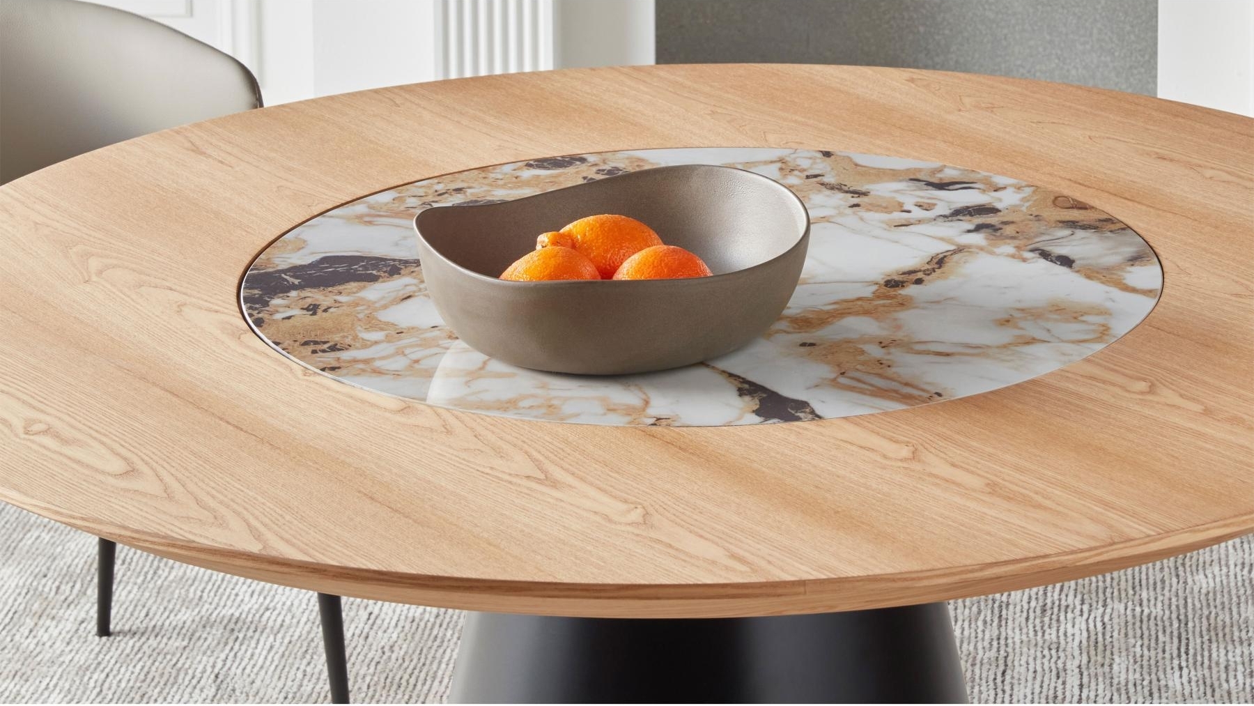 Round Dining Table: Marble Look Inset and Pedestal Base