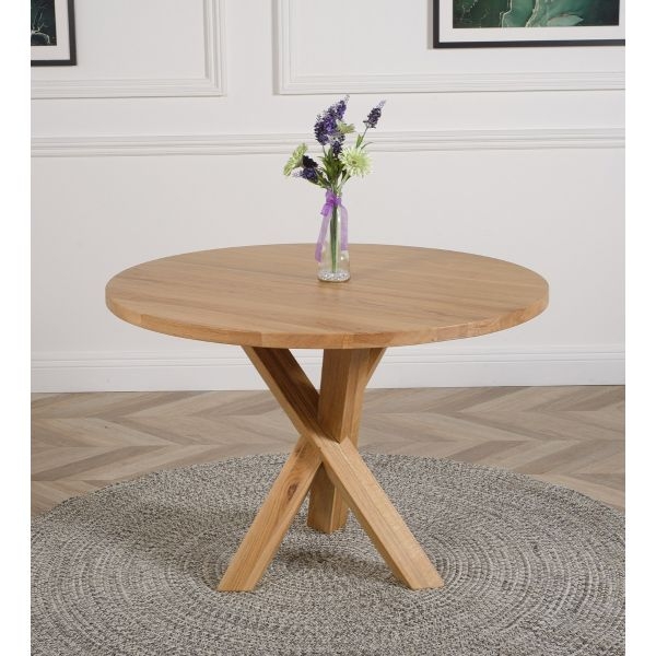 Round Dining Table: Solid oak top with x leg base