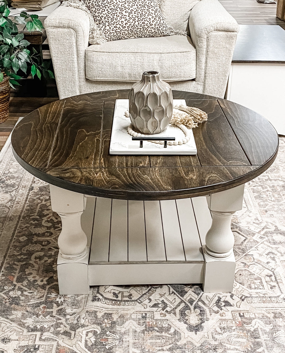 Round Farmhouse Coffee Table with Baluster Legs and Two Tones