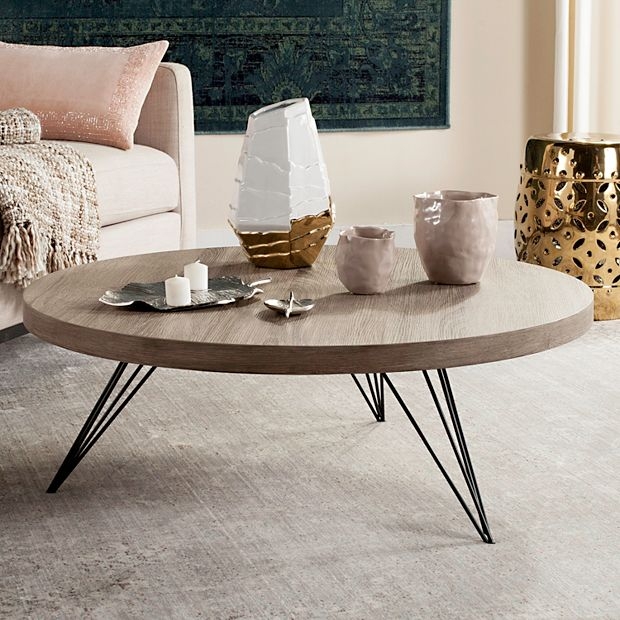 Round Minimalist Coffee Table with Hairpin Legs and Wood Grain