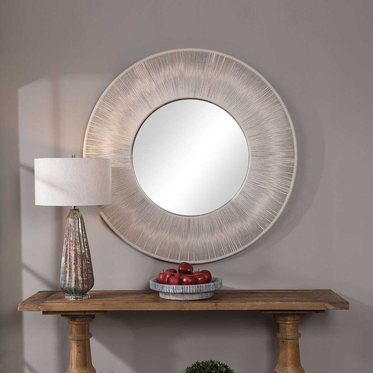 Round Mirror: Ribbed Radiating Frame Whitewashed Art