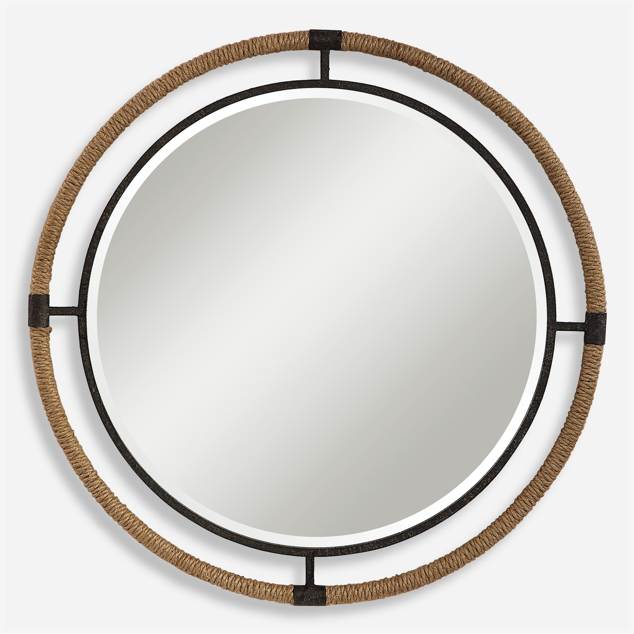 Round Mirror: Rope Wrapped Frame and Metal Brackets