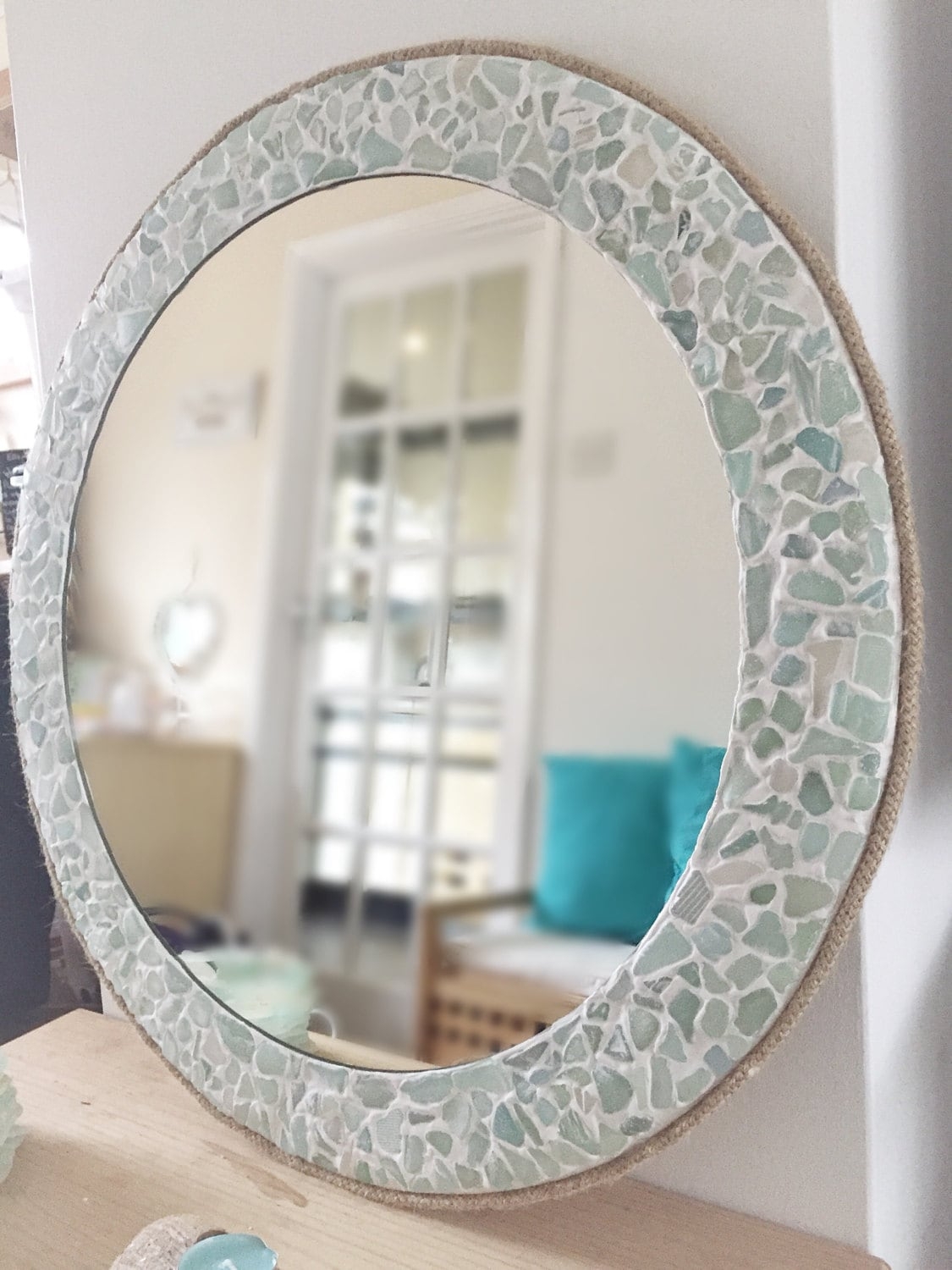 Round Mirror: Sea Glass Mosaic with Nautical Jute Rope