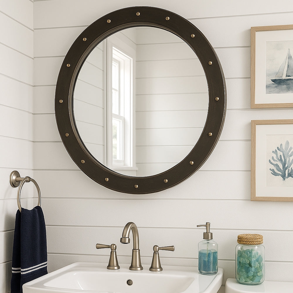 Round Mirror with Dark Bronze Finish and Porthole Style Rivets