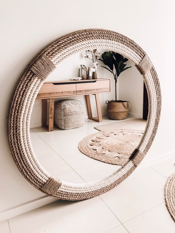 Round Mirror with Textured Tri-Band Rope Frame and Twine Wraps