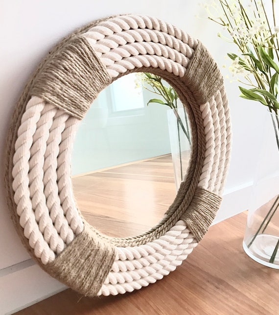 Round Mirror with Twisted Rope Frame and Twine Wrapped Accents