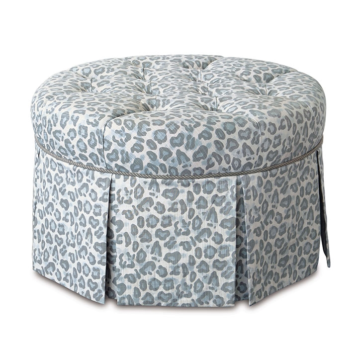 Round Ottoman Blue Leopard Print Button Tufted Top