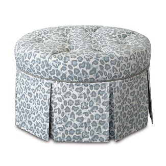 Round Ottoman Blue Leopard Print Button Tufted Top