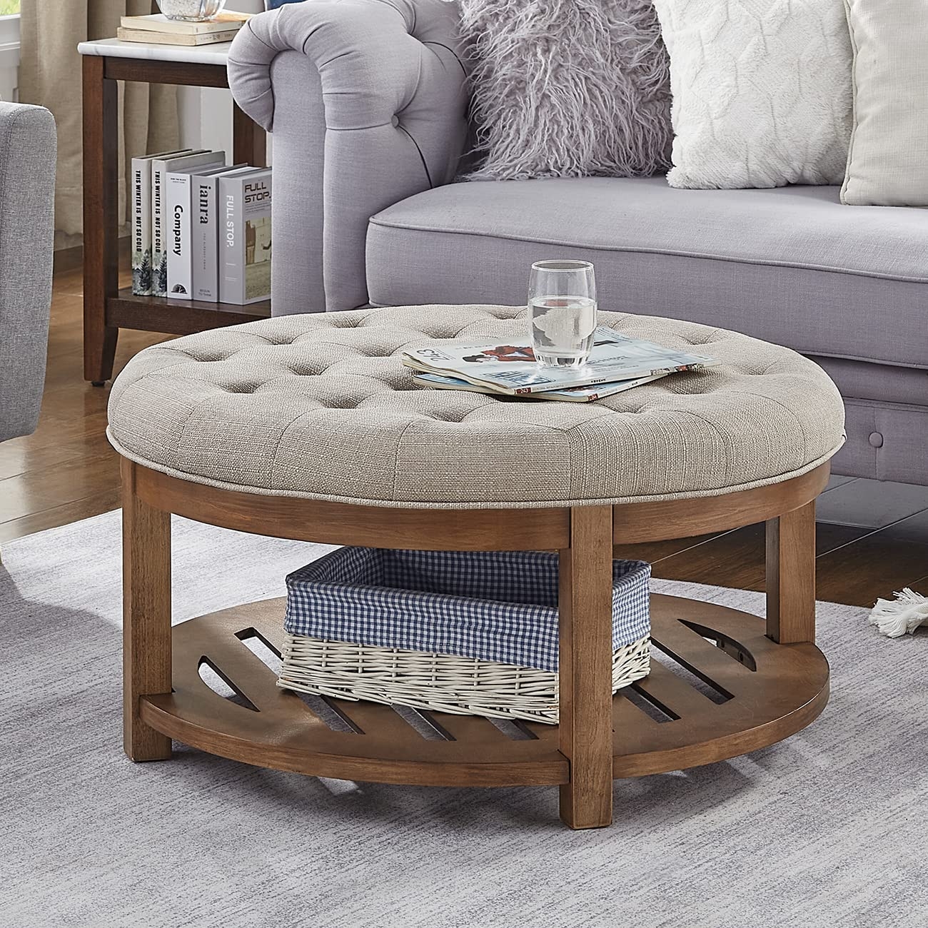 Round Ottoman Coffee Table with Slatted Shelf and Tufted Linen