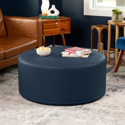 Round Ottoman with Navy Blue Fabric and Cylindrical Shape