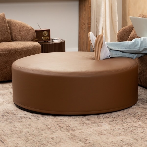 Round Ottoman with Oversized Diameter and Cognac Brown Tone
