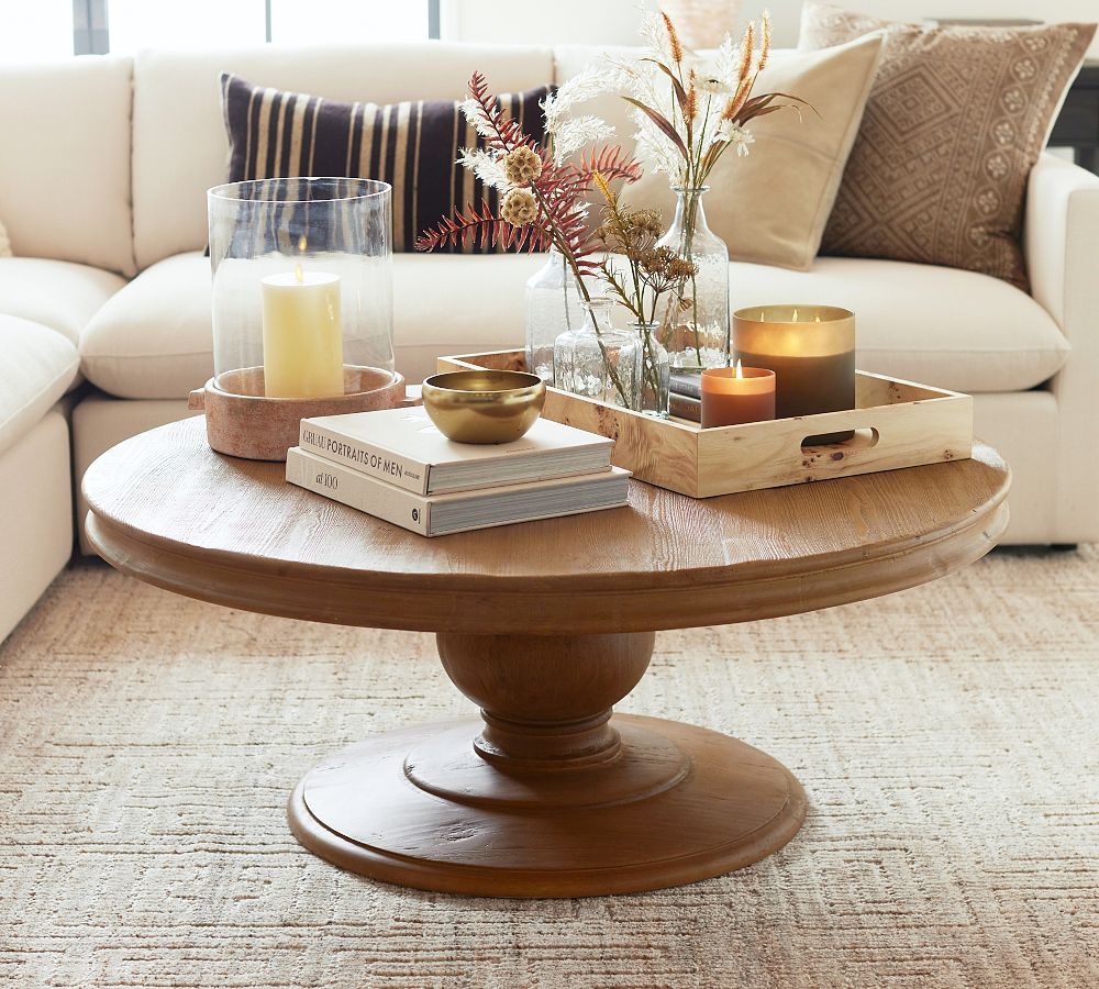 Round Pedestal Coffee Table with Reclaimed Look and Tiered Base