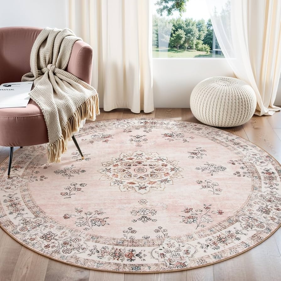 Round Rug Circular Shape Dusty Rose Vintage Floral Circular Carpet