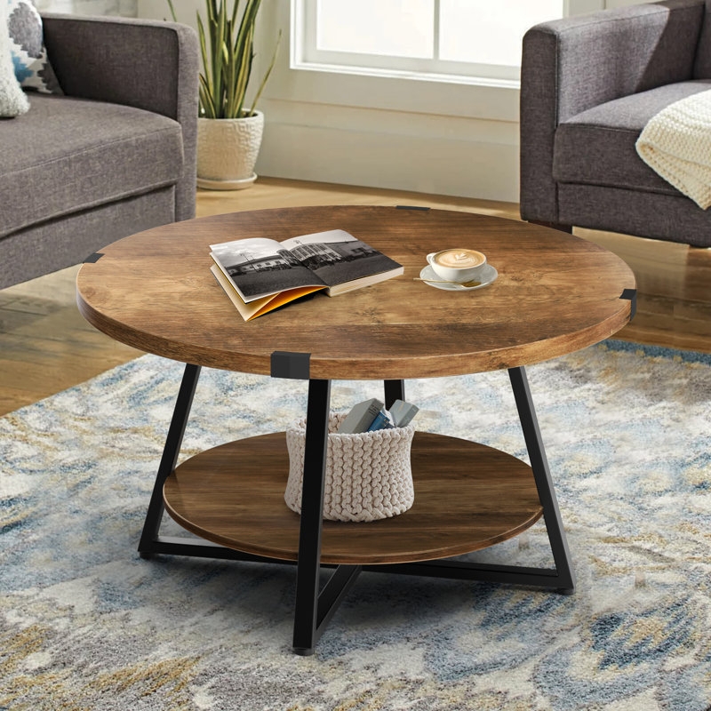 Round Storage Coffee Table with Black Metal Edge Accents