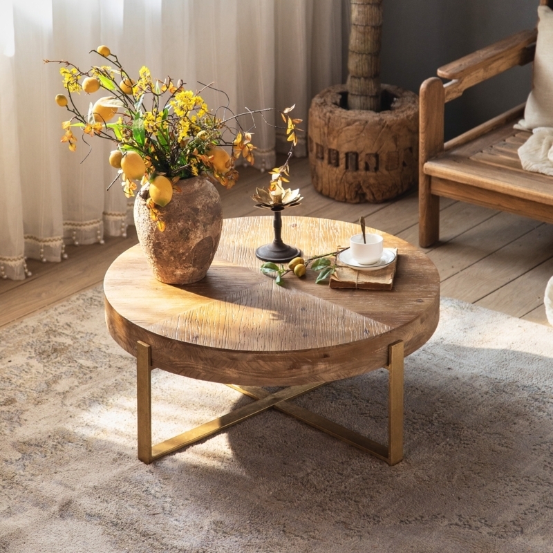 Round Sunburst Coffee Table with Weathered Wood and X-Base
