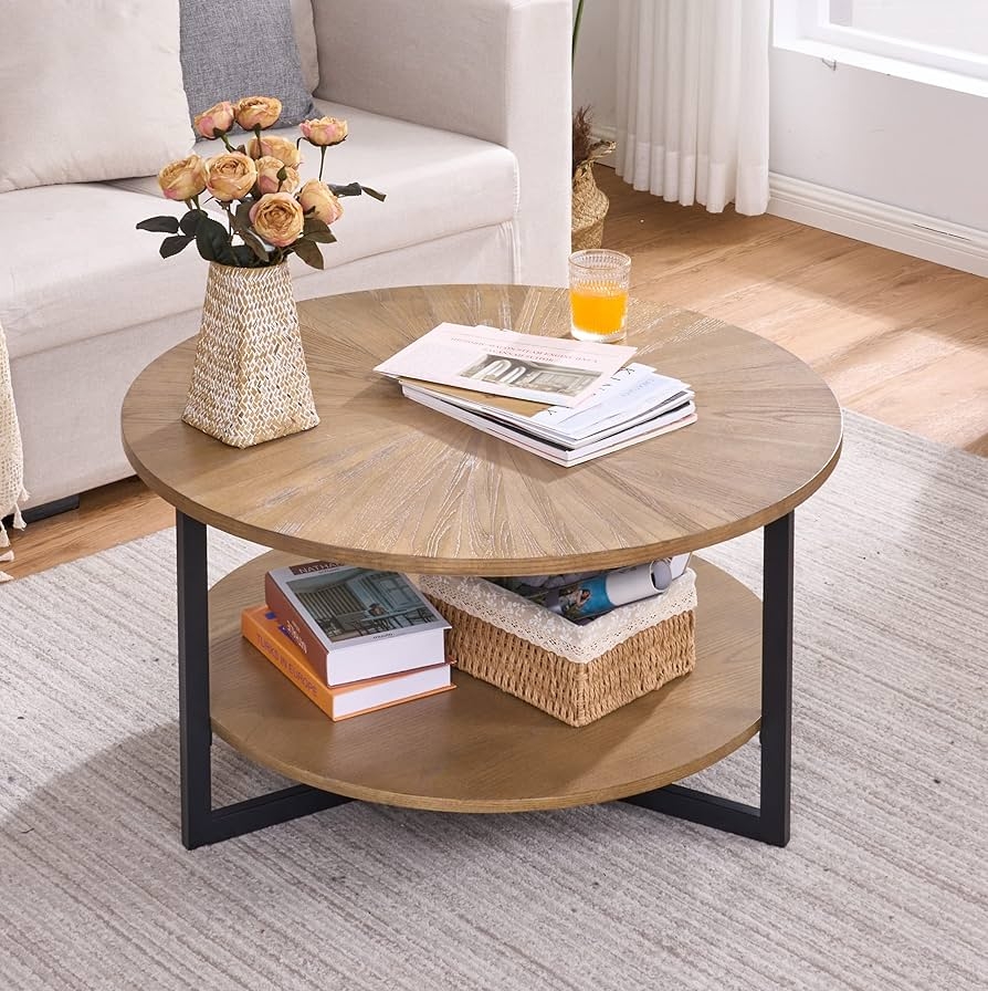Round Two-tier Coffee Table with Sunburst Grain Pattern