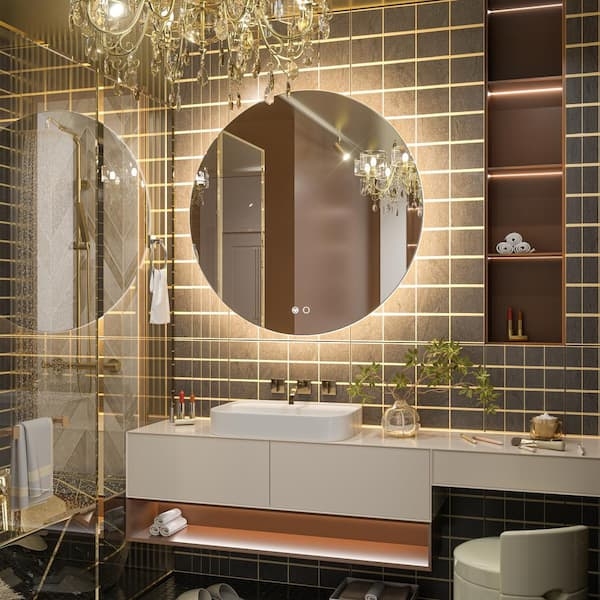 Round Vanity Mirror Backlit Halo and Touch Dimmer Icons