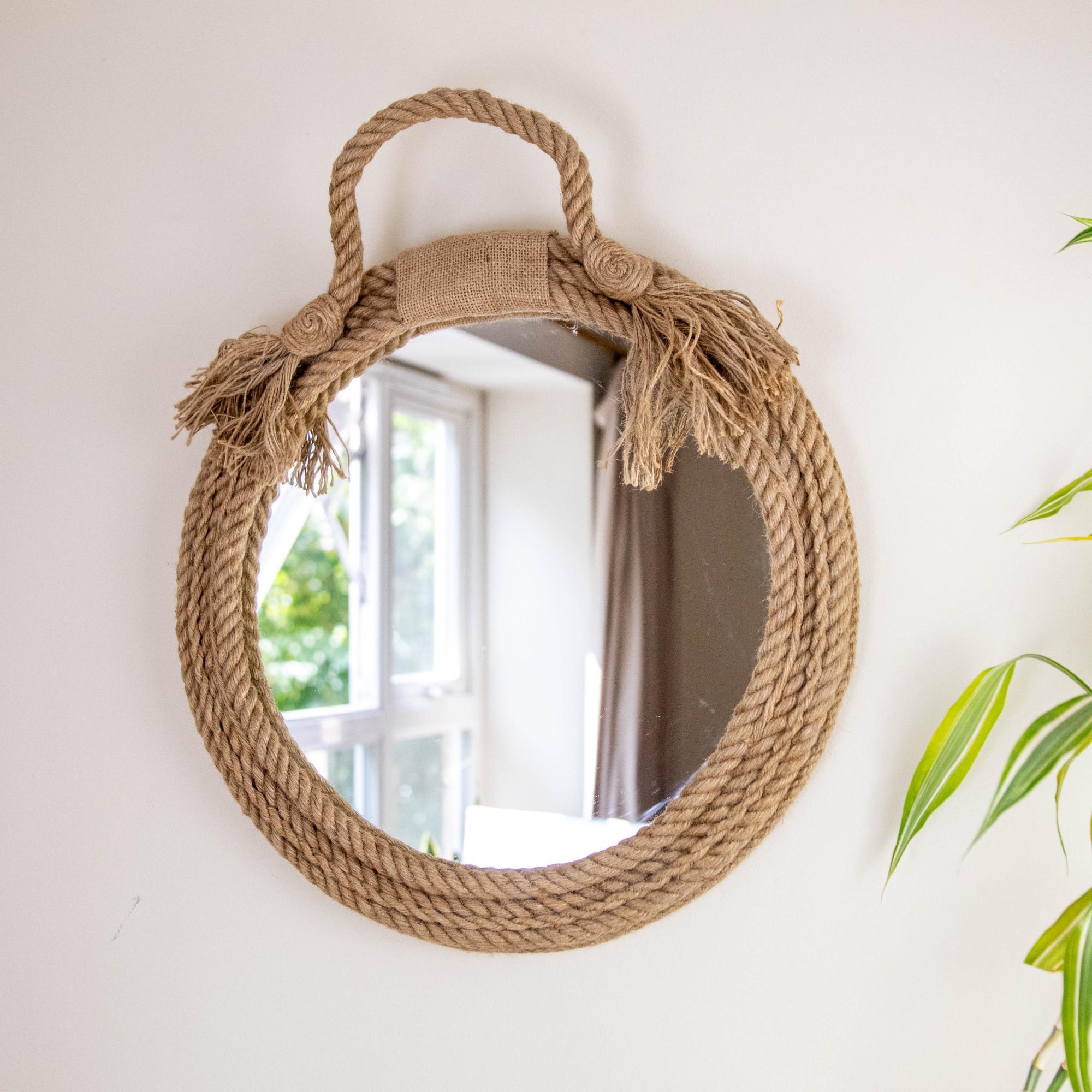 Round Wall Mirror: Braided Rope Frame Frayed Tassels
