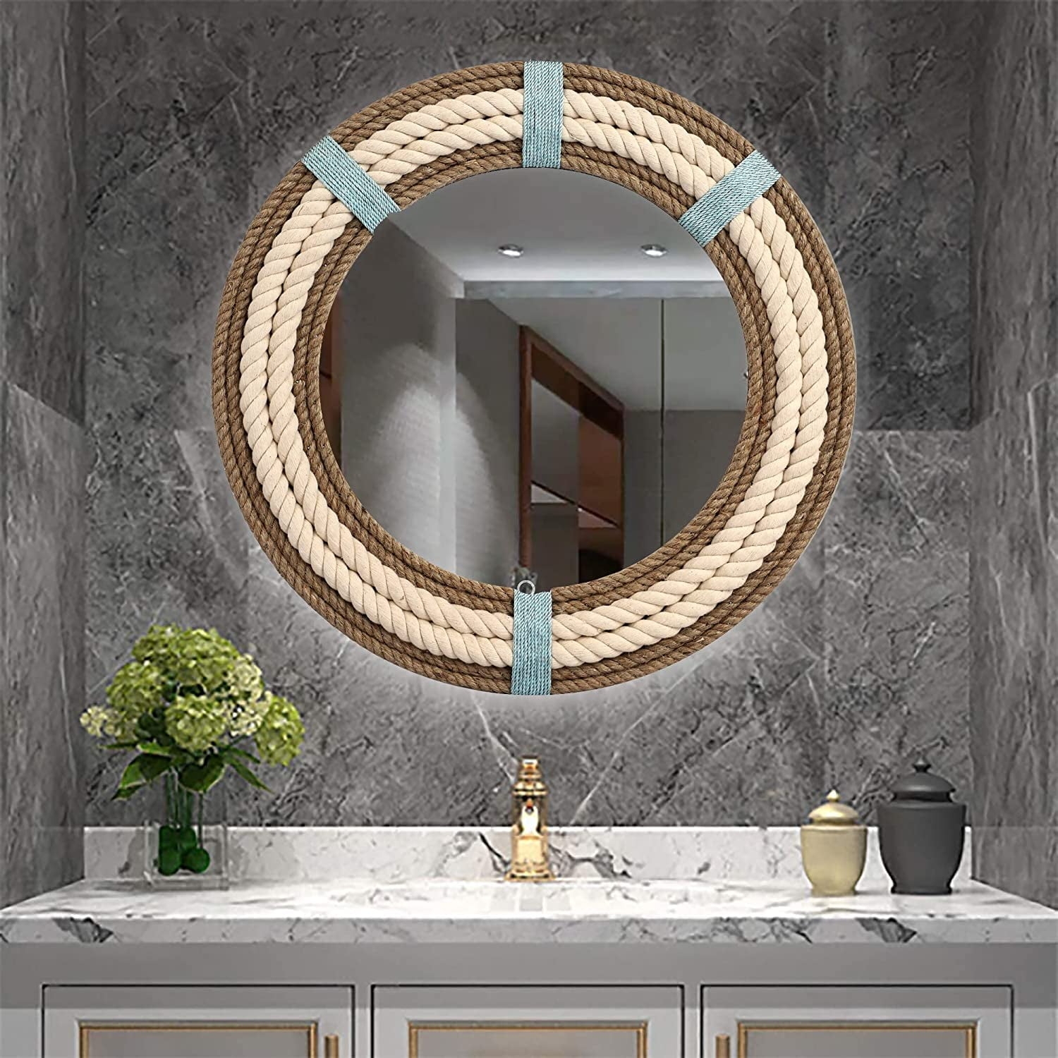 Round Wall Mirror Featuring Layered Rope Frame Maritime Accents