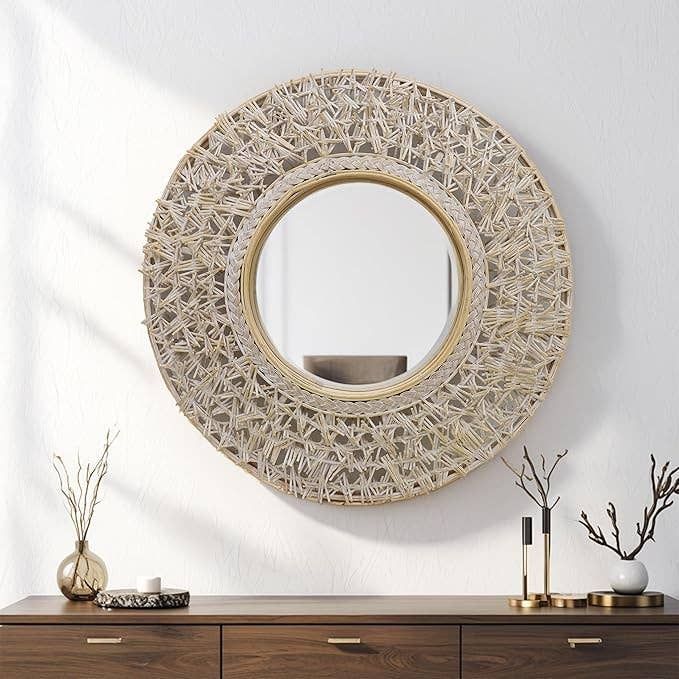 Round Wall Mirror: Sunburst Lattice Woven Rattan