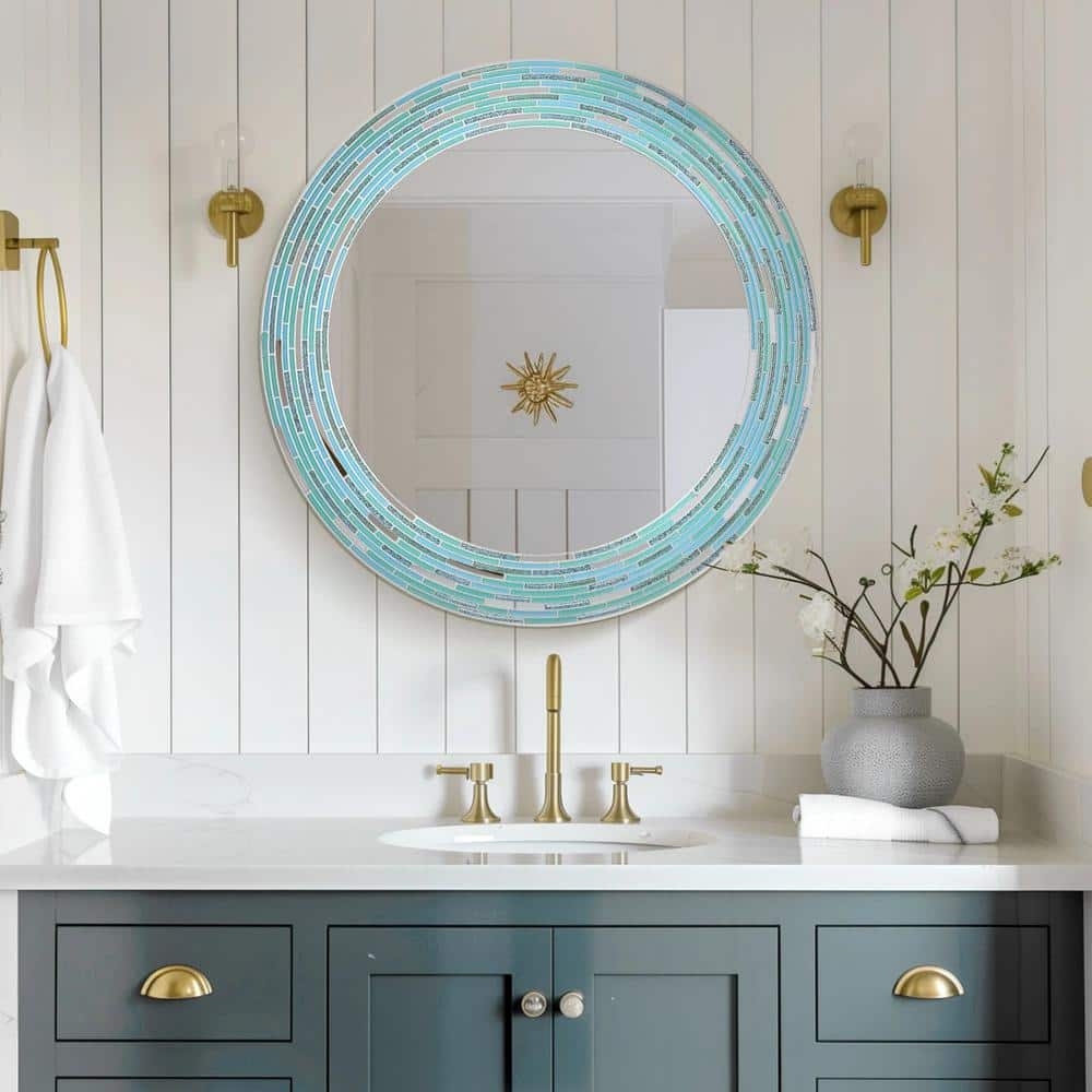 Round Wall Mirror with Sea Glass Tile Frame and Mosaic Pattern