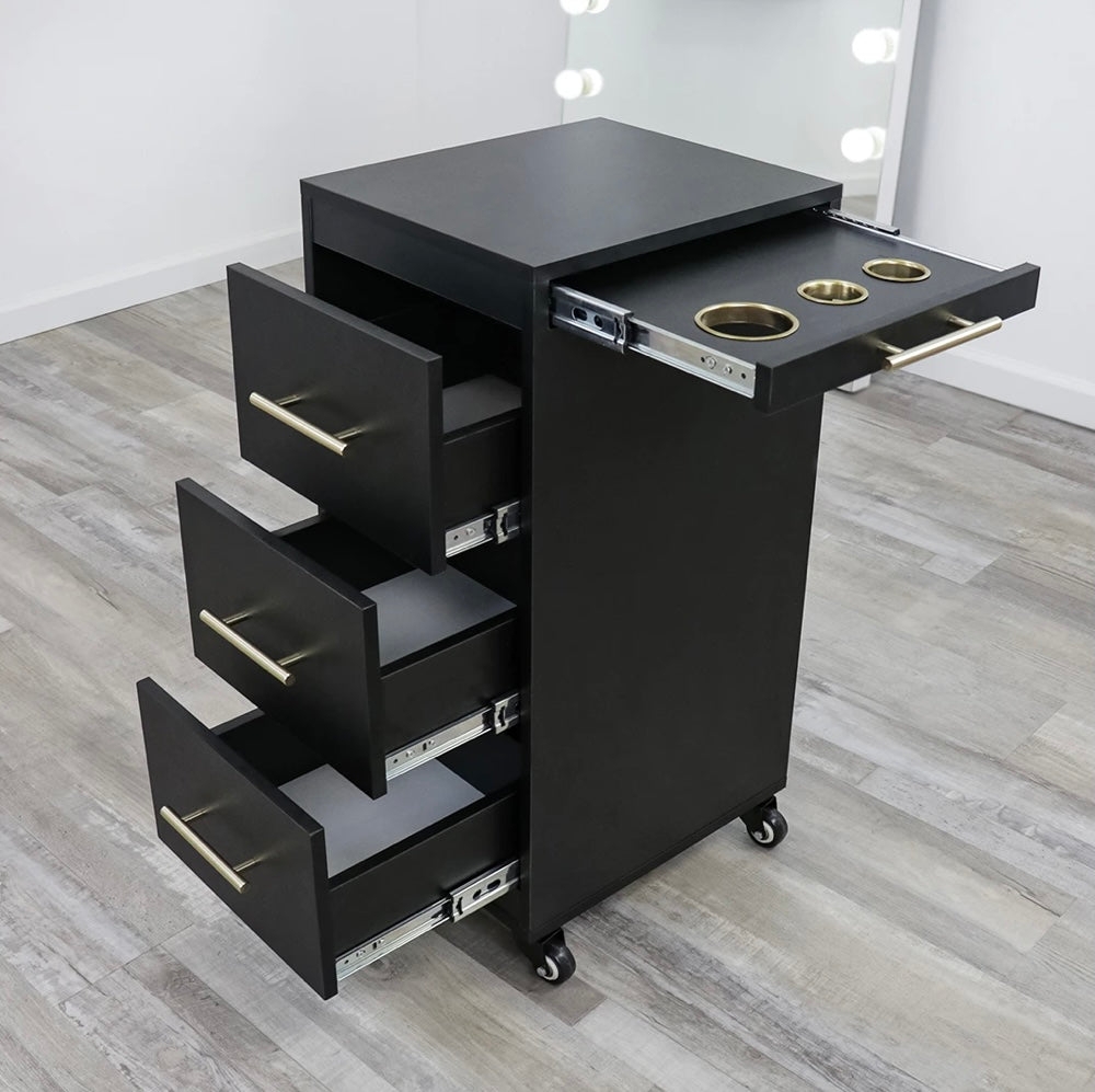 Salon Cart Gold Accents and Matte Black Mobile Tool Station