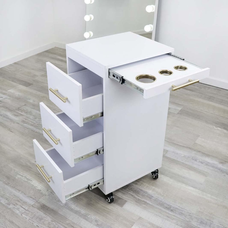 Salon Cart Pull Out Tool Tray and White Vanity Organizer