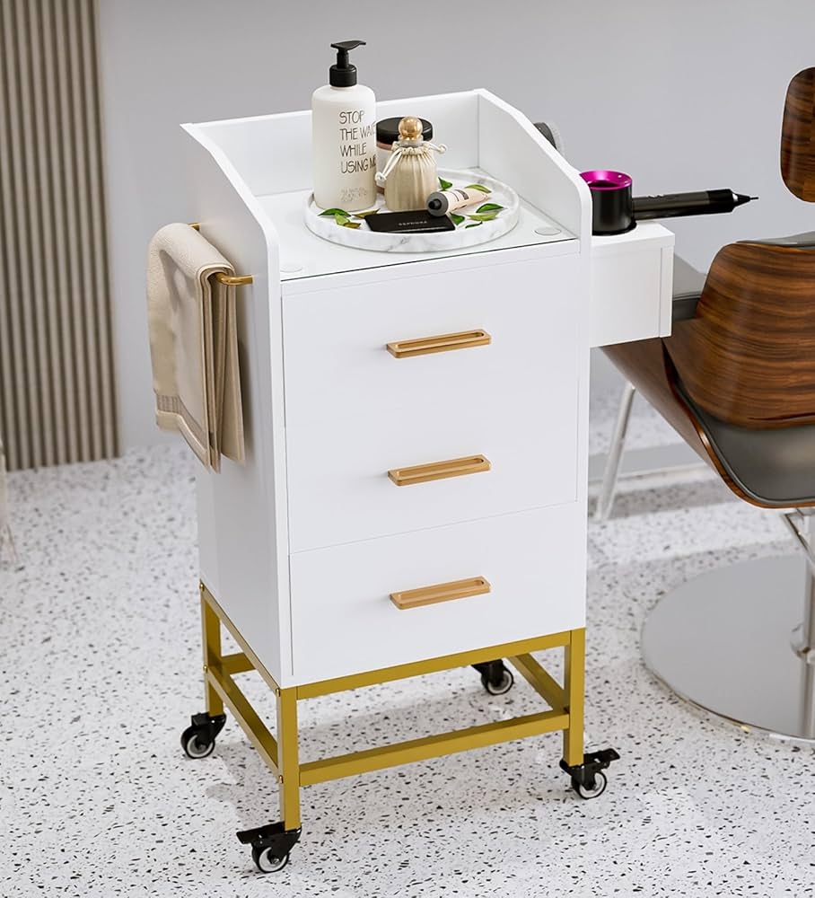 Salon Storage Trolley Gold Frame and Side Towel Rail Unit