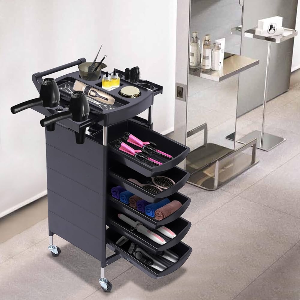 Salon Trolley Hairdryer Holsters and Five Drawer Hair Cart