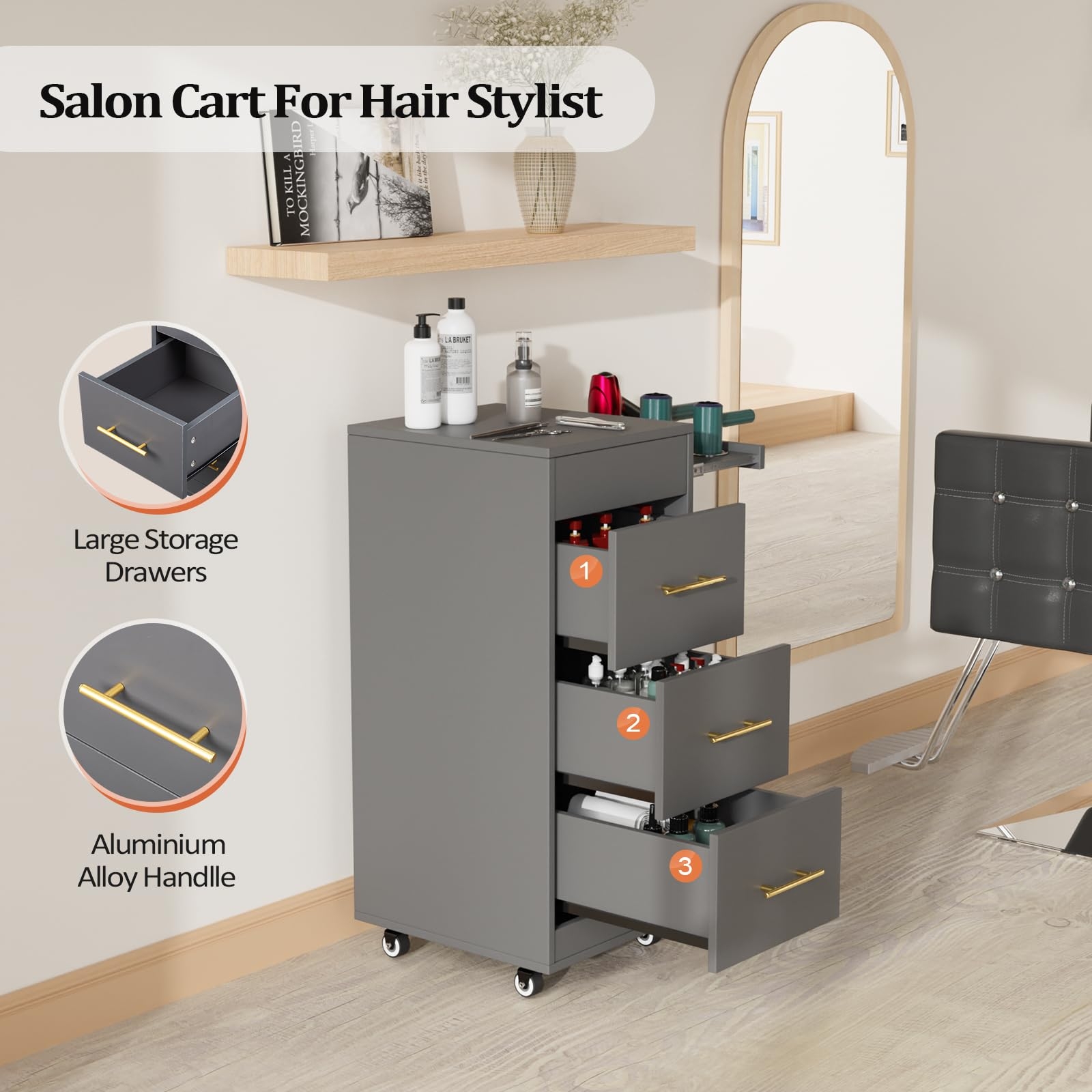 Salon Trolley in Grey Matte Finish with Gold Bar Handles