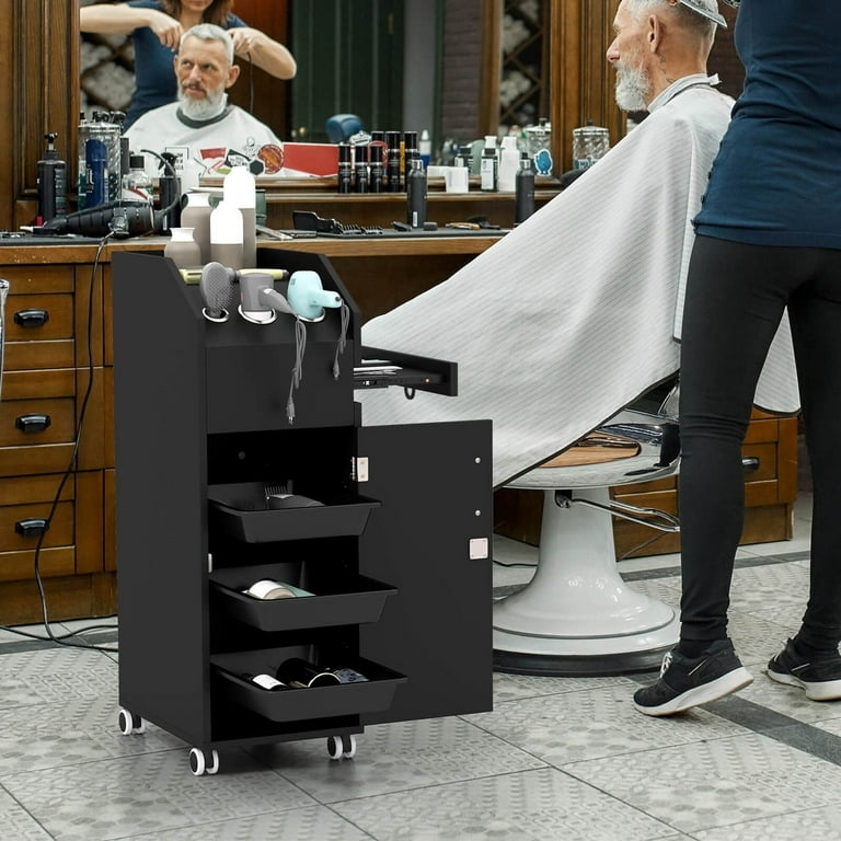 Salon Trolley with Locking Cabinet and Black Side Tray