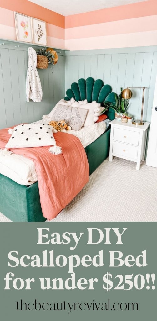 Scalloped Bed in Emerald Green Velvet with Channeled Panels