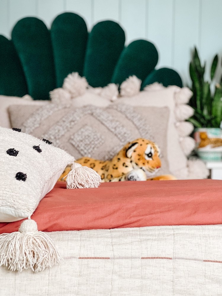 Scalloped Headboard with Tassel Accents in Emerald Green