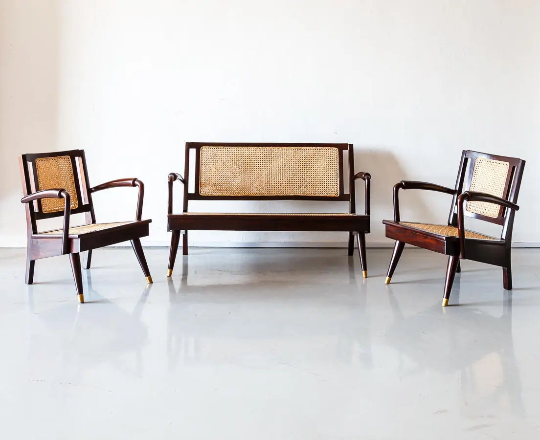 Seating Set with Rattan Cane Panels and Metal Tipped Legs