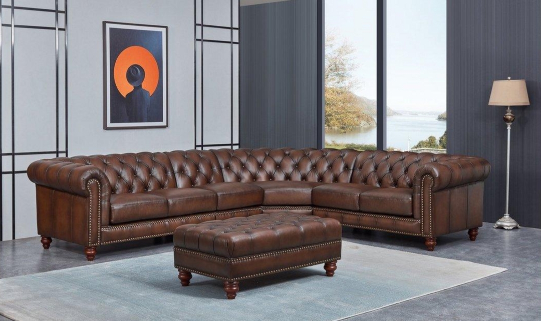 Sectional Sofa Button Tufted Caramel Brown Chesterfield