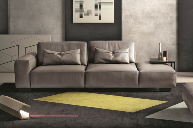 Sectional Sofa Contrast Stitching Taupe Leather Like Seating