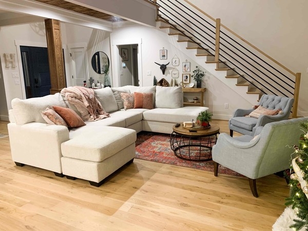 Sectional Sofa Cream White Textured Fabric Oversized Cushions