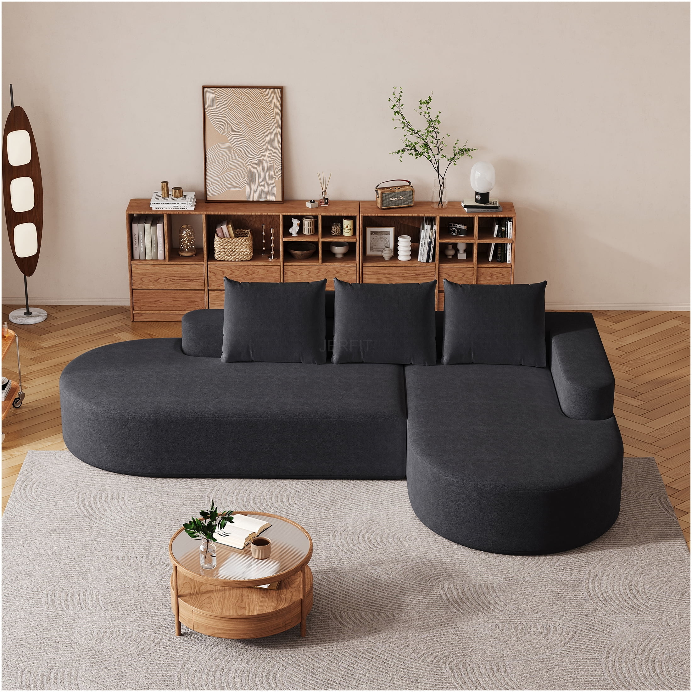 Sectional Sofa Curved Ends Charcoal Gray Theater Couch