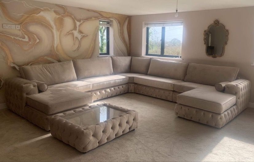 Sectional Sofa Deep Button Tufting Glass Top Ottoman