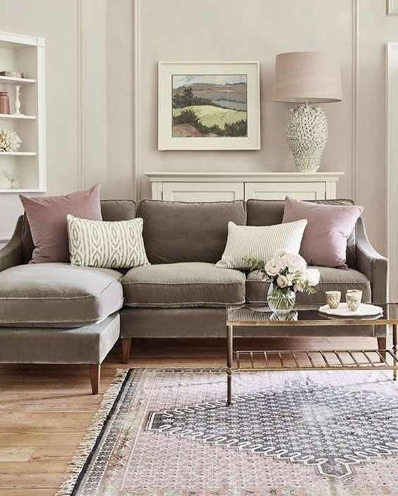 Sectional Sofa Dusty Pink and Taupe Decor Gold Frame Table Style