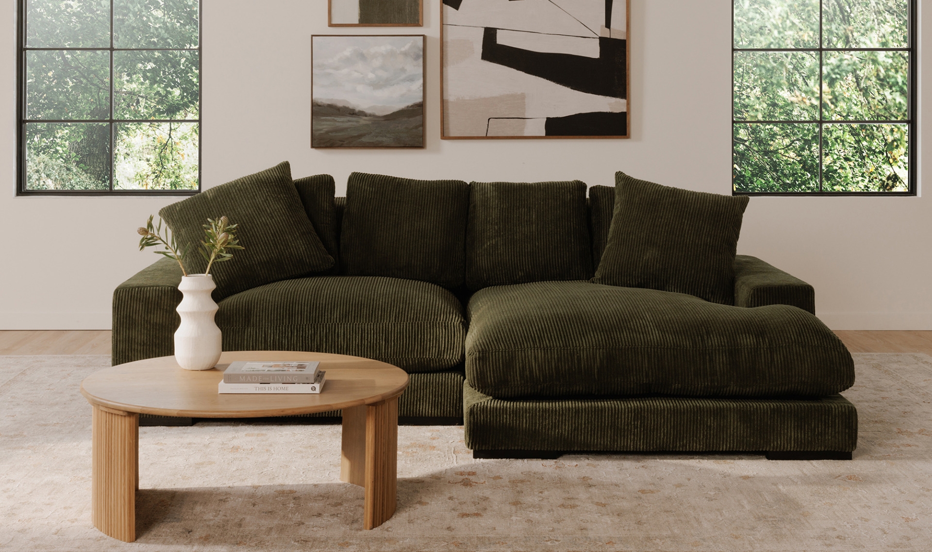 Sectional Sofa In Forest Corduroy Fluted Wood Table