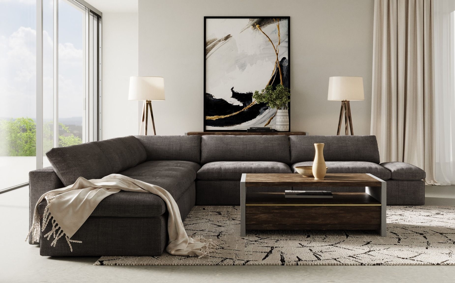 Sectional Sofa in L-Shaped Design with Tripod Floor Lamps