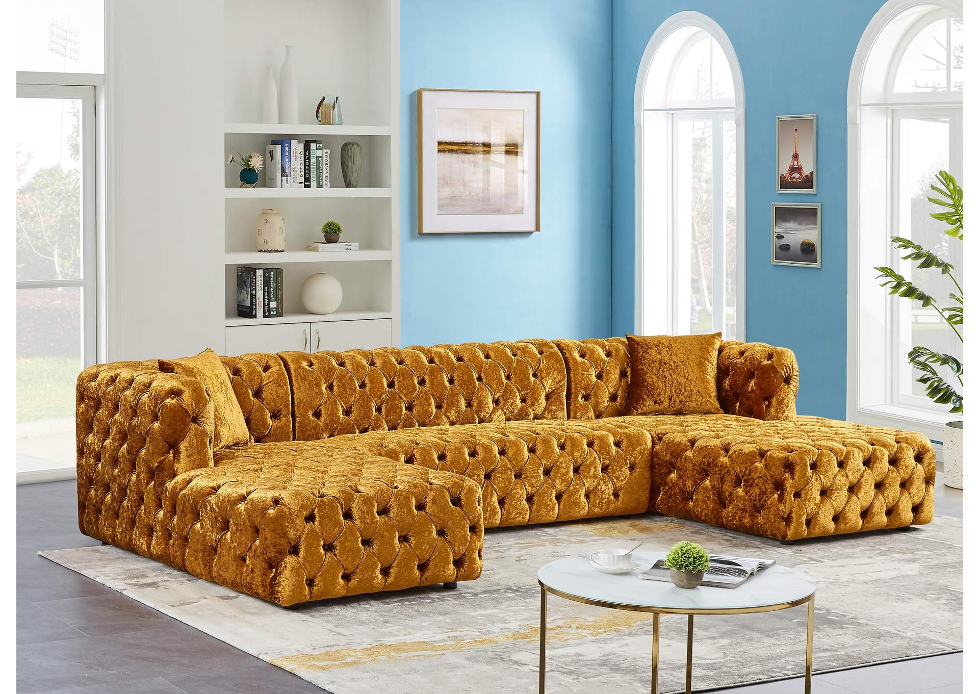 Sectional Sofa in U Shaped Layout with Gold Velvet Tufting